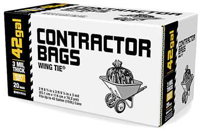 Berry Global, Contractor Trash Bags, Black, Wing Ties, 3-Mil Thick, 42 Gallons, 20-Ct.